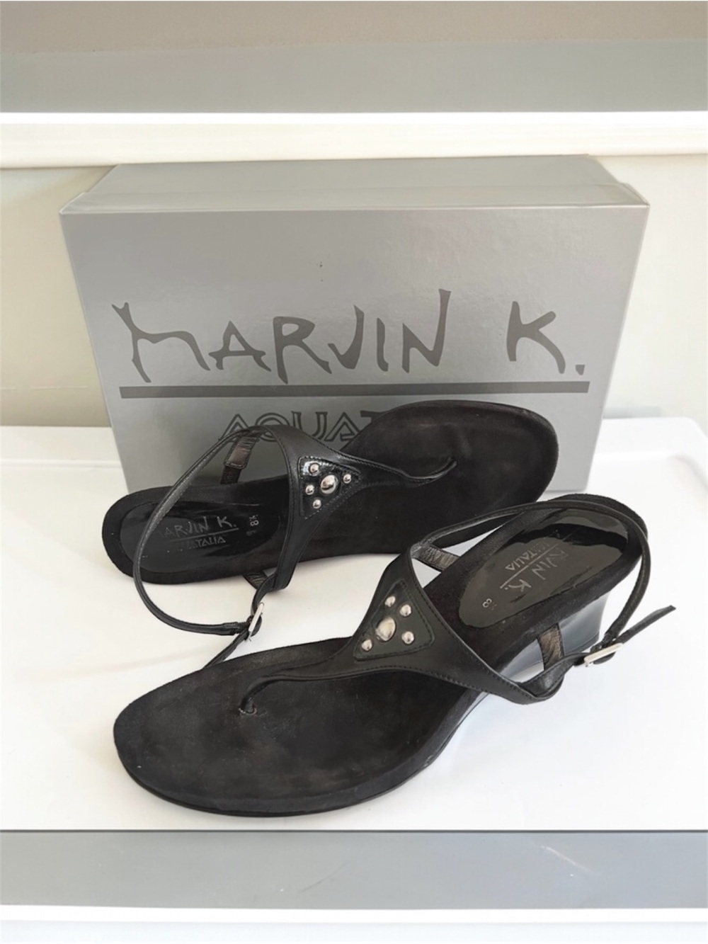 Marvin K Aquatalia Itch Black Nappa Leather Slingback Wedge Sandal